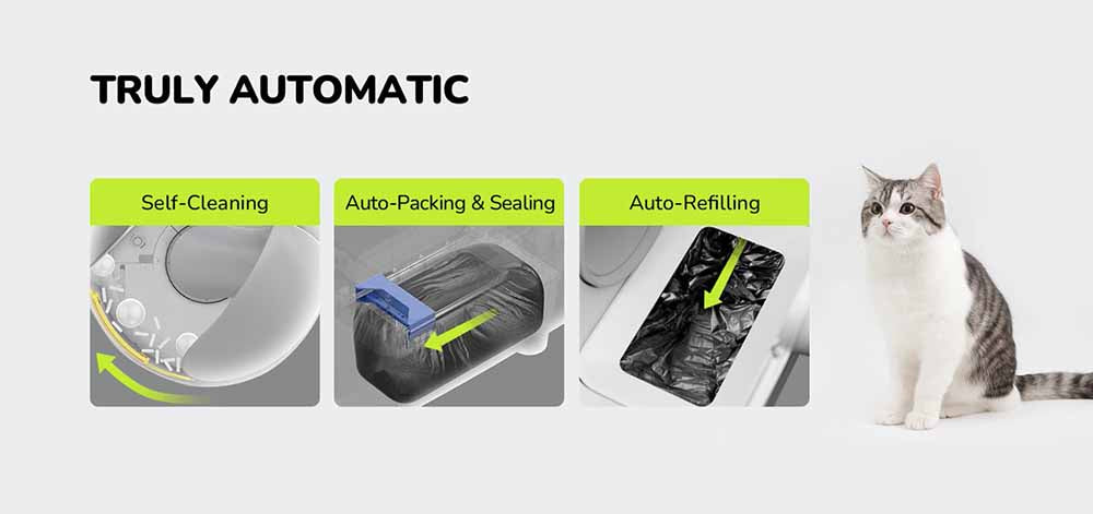 Savaime išsivalanti kačių kraiko dėžutė Furbulous (PATOBULINTA) + 2 x Kraiko šiukšlių maišai išmaniam kačių tualetui Furbulous + Furbulous Cube automatinis vandens dozatorius 3,3 l naminiams gyvūnams